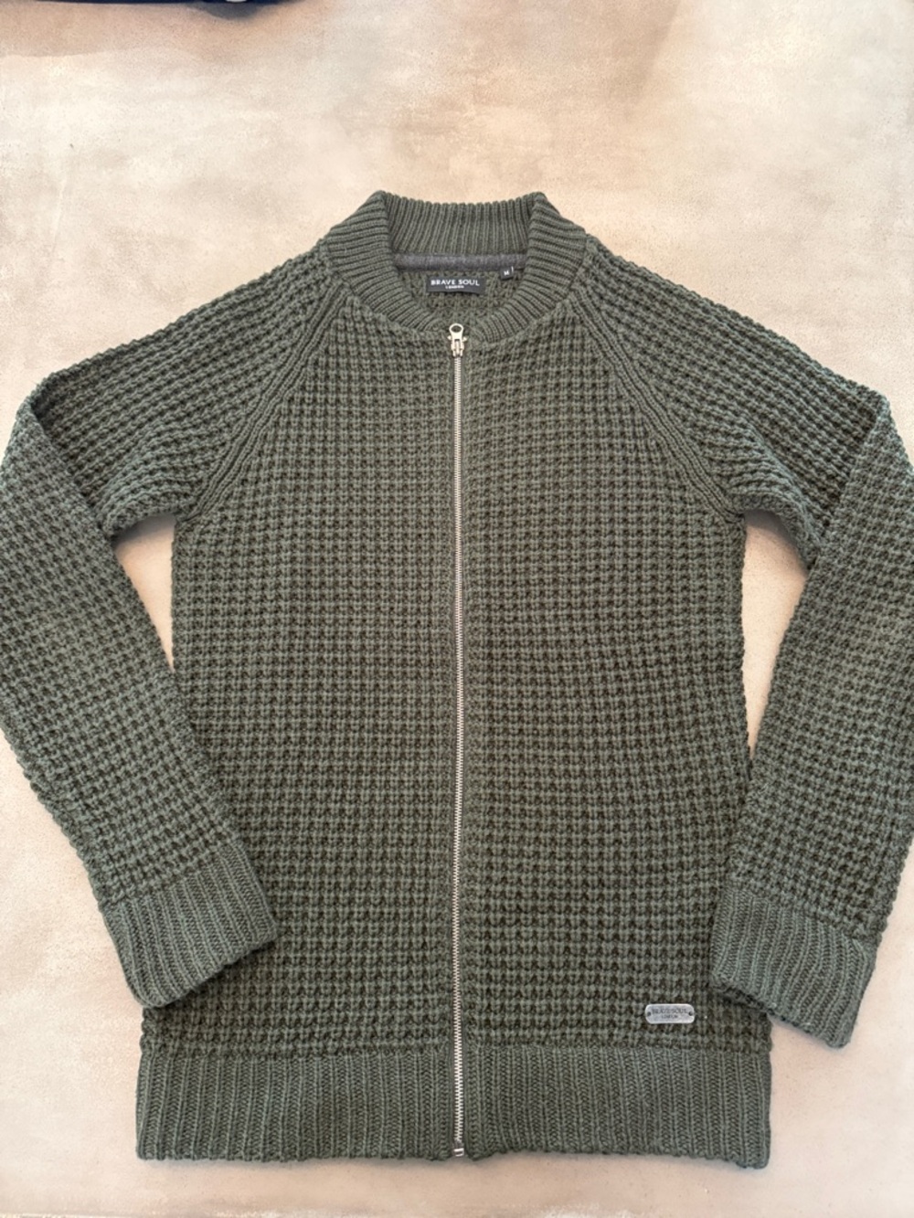 😎 Brave Soul Olive Green Zip-Up Textured Knit Sweater